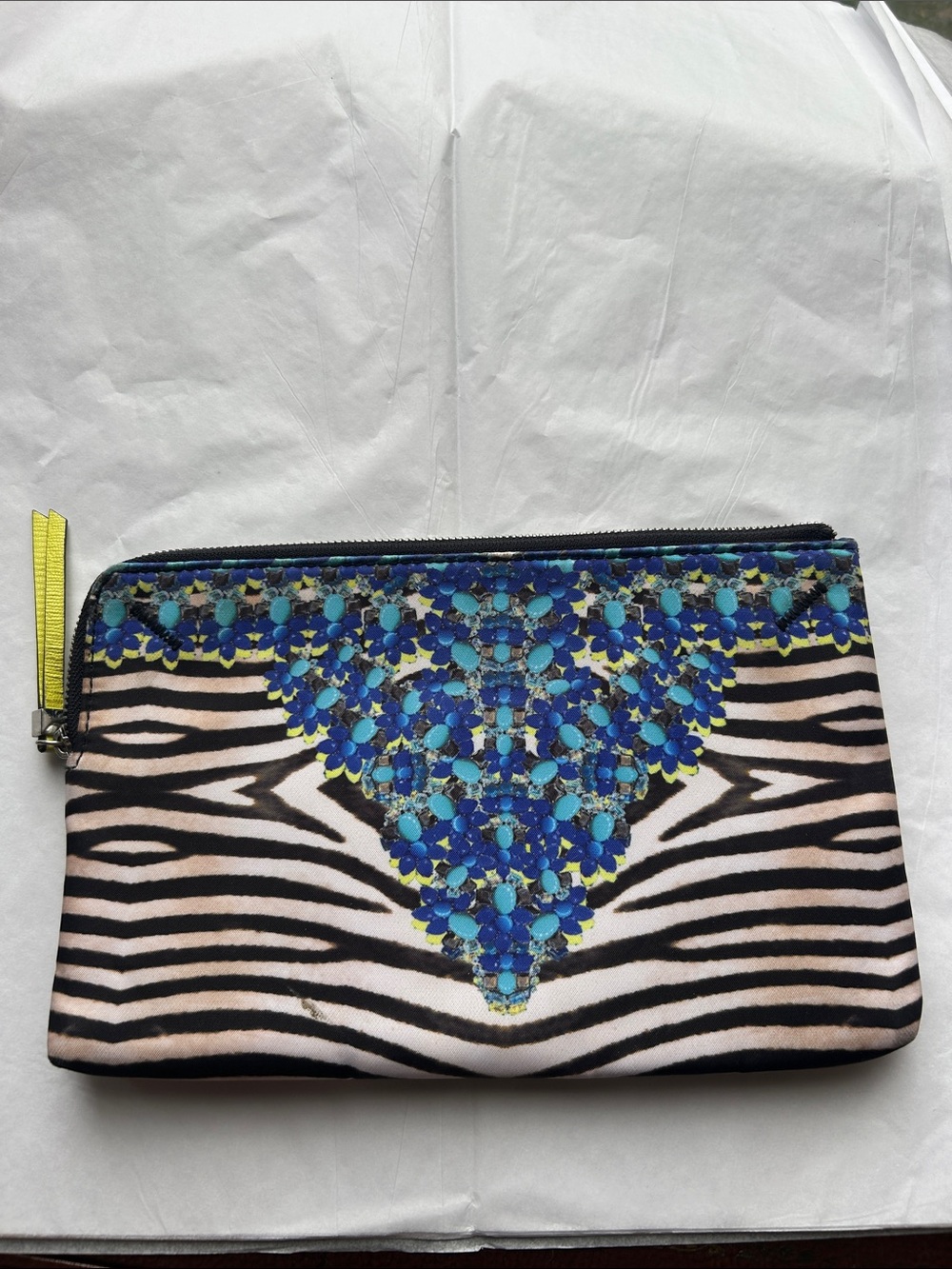 Stella & Dot Blue Floral-Embellished Zebra Clutch